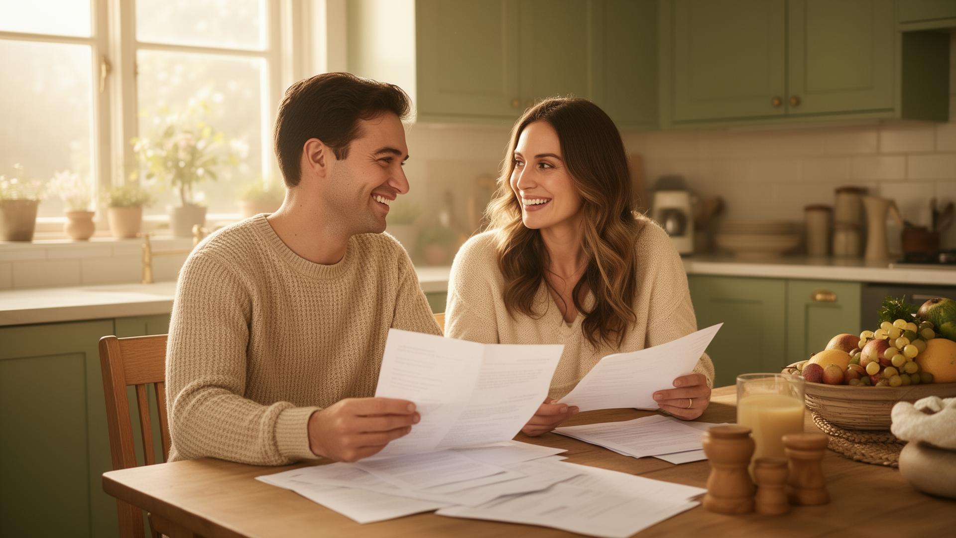 Happy couple reviewing finances together