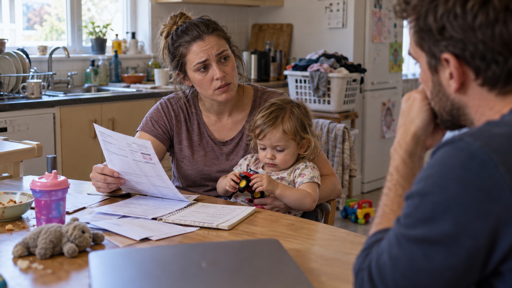 A tired mother holding her toddler and a household bill while speaking to her husband in a kitchen with unfinished chores.